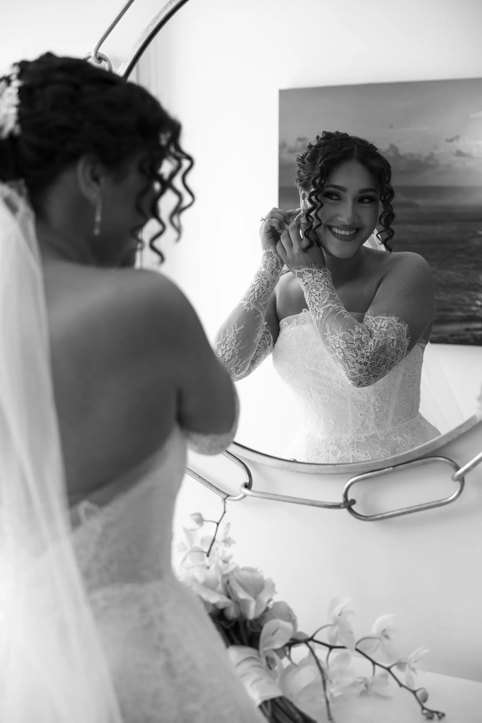 Bride getting her hair styled