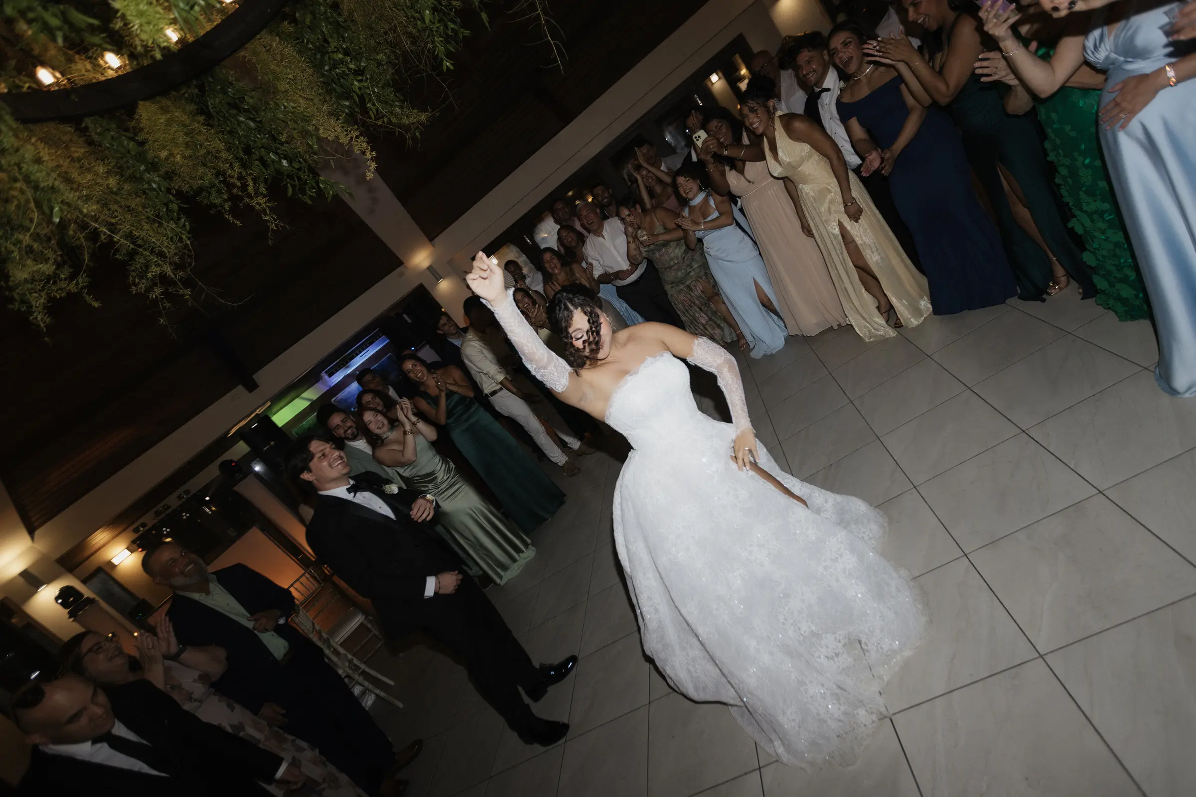 Aerial view of the couple's first dance at the reception