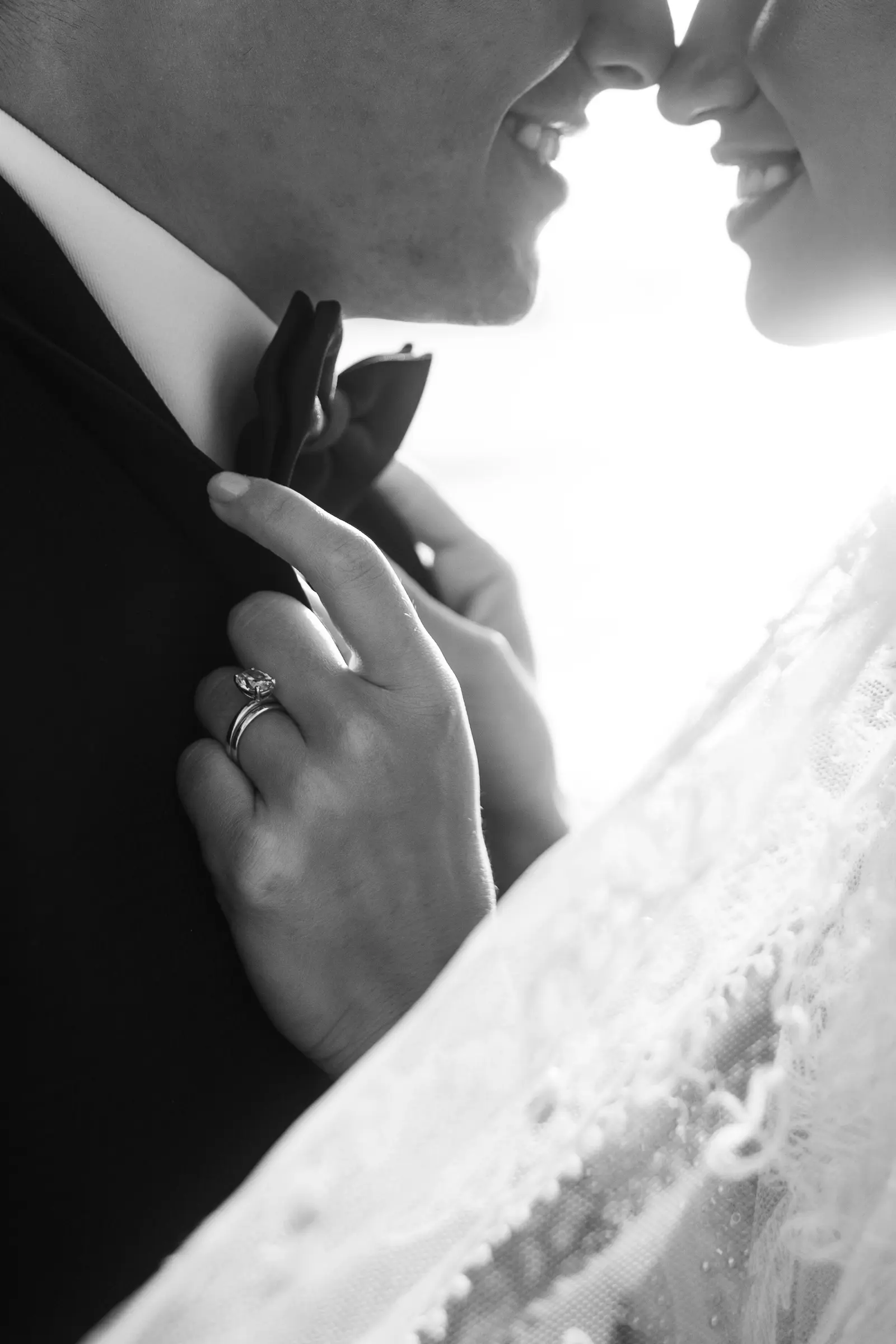 Close-up of the groom kissing the bride's hand