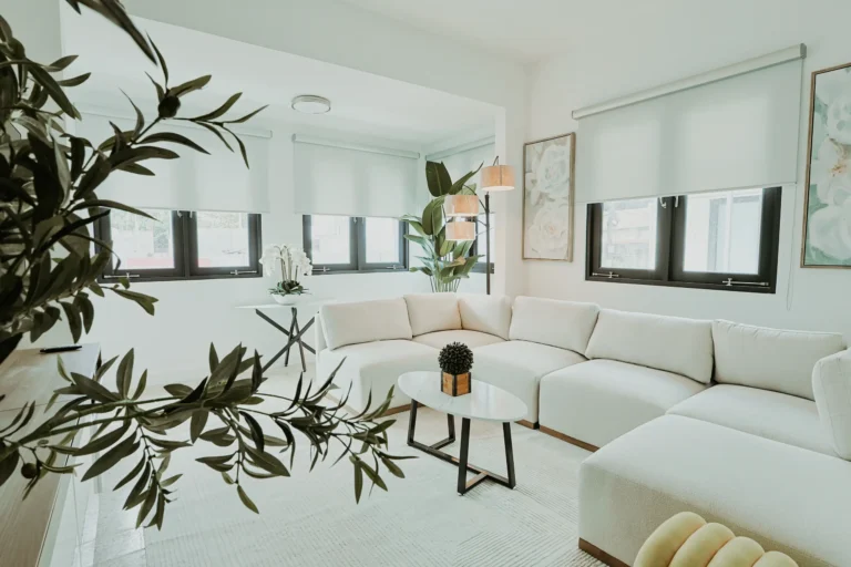 Bright white living room with a sectional sofa and potted plants